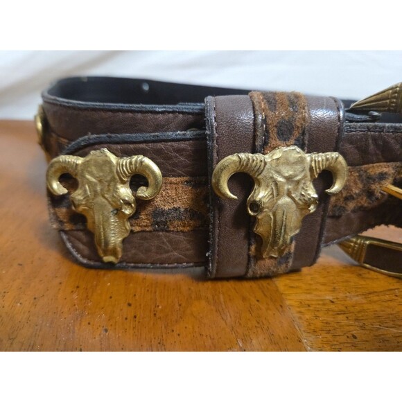 Leatherock Belt by Nina Arjani Brown Leather Cow Skull Leopard Print Size L Vntg main image 5